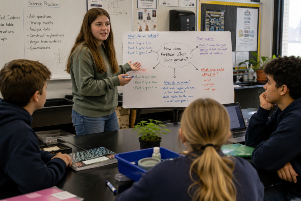 Students presenting science reasoning and evidence in a classroom.